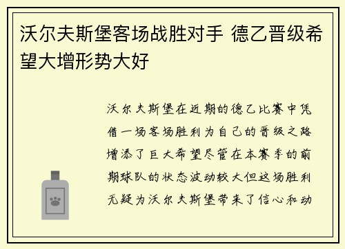 沃尔夫斯堡客场战胜对手 德乙晋级希望大增形势大好