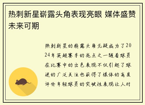 热刺新星崭露头角表现亮眼 媒体盛赞未来可期