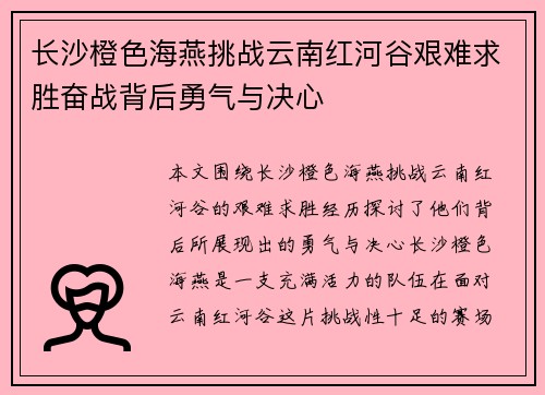 长沙橙色海燕挑战云南红河谷艰难求胜奋战背后勇气与决心