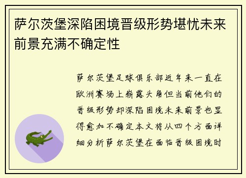 萨尔茨堡深陷困境晋级形势堪忧未来前景充满不确定性