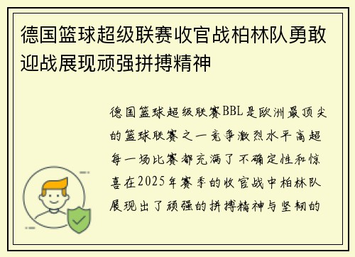 德国篮球超级联赛收官战柏林队勇敢迎战展现顽强拼搏精神